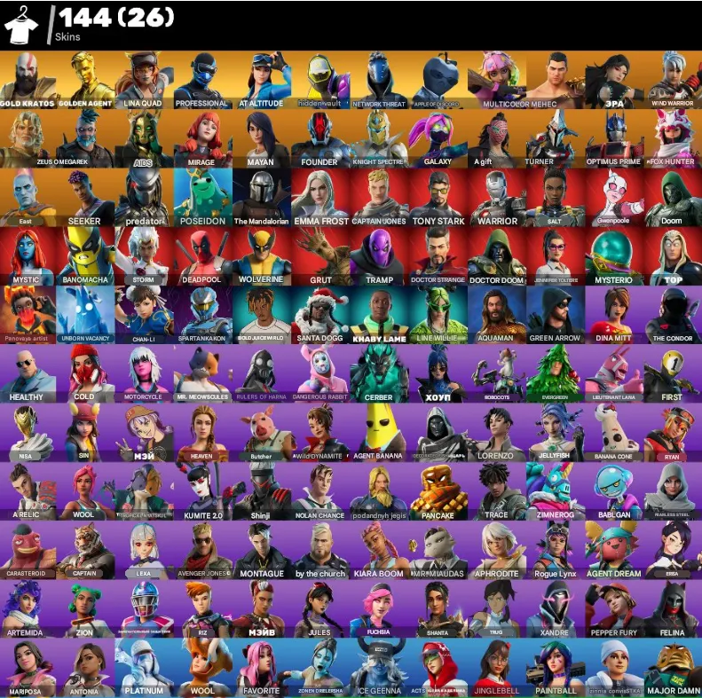 F975 144 Skins, Apple of Discord, 150T WB Donation, Kratos, Leviathan Axe, Gold Kratos, Golden Agent, Altitude, Galaxy, Cobalt, Emma Frost, Groot, Wolverine, Deadpool, Storm, Full Access, 209 Pickaxes, Rare Emotes